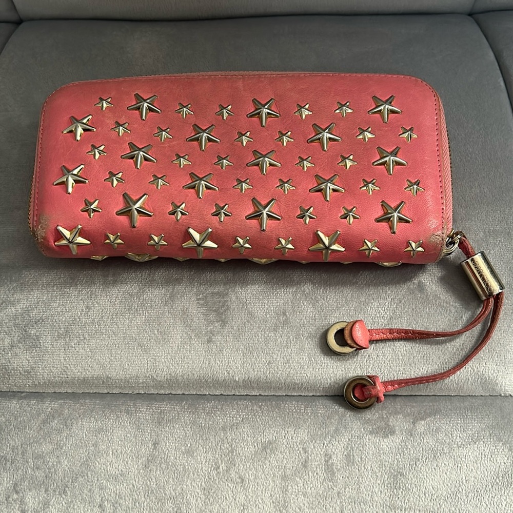 Jimmy Choo Filipa Star Studded Leather Zip Long Wallet / pink; pre-loved 🫶🏻